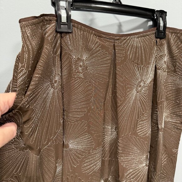 Talbots Brown Silk Pleated Skirt Metallic Floral Pockets Quiet Luxury 10P NEW - Picture 3 of 12